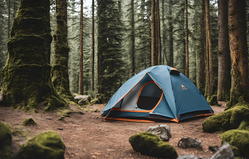 High-quality camping tent set up in the great outdoors, ready for use.