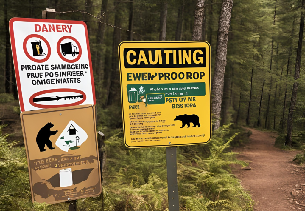 Safety signs and bear-proof containers at a campsite to ensure wildlife safety.