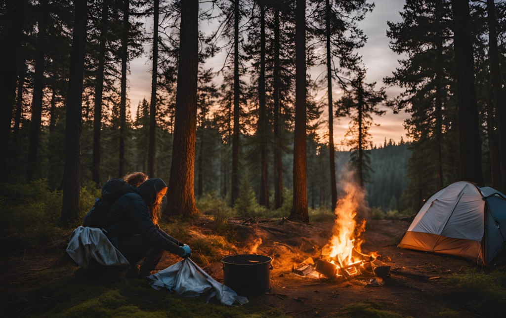 A photo of a camper cleaning up trash or properly extinguishing a campfire.