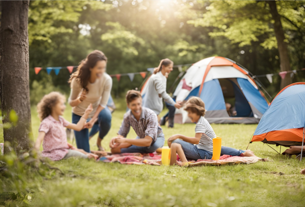 A happy family playing games together at a campsite, with tents and trees in the background. The family is engaged in a fun activity like frisbee or sack races