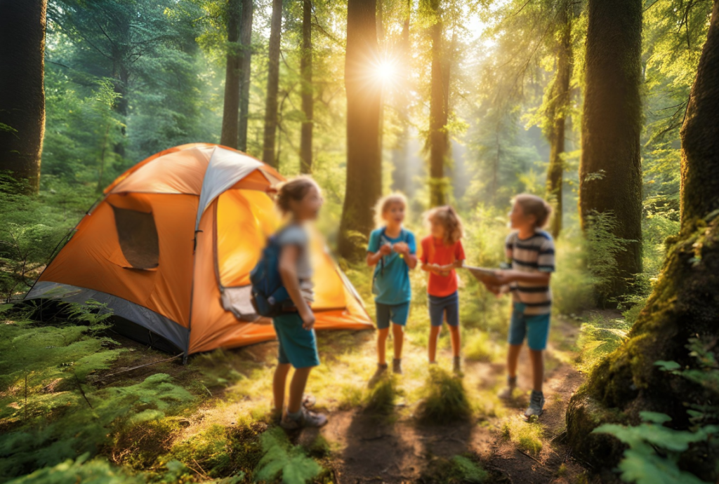 Children enjoying a treasure hunt - fun outdoor camping activity