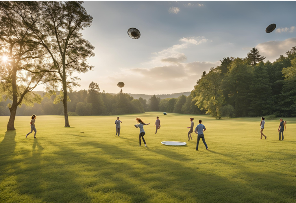 Group playing frisbee outdoors - engaging outdoor camping game