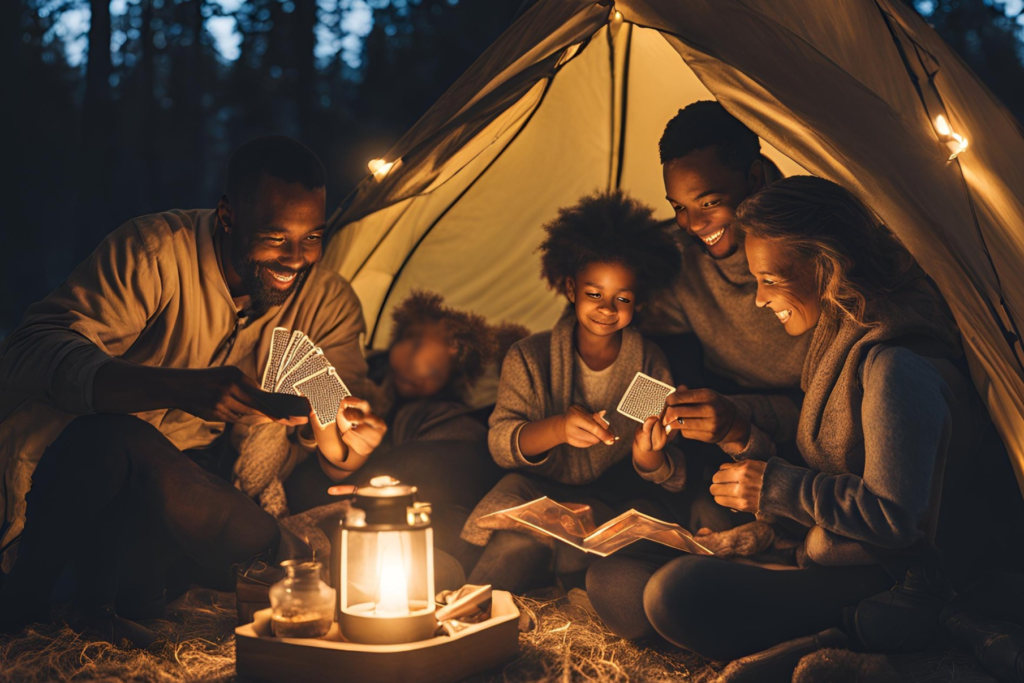 A family sitting inside a tent, playing cards by lantern light.