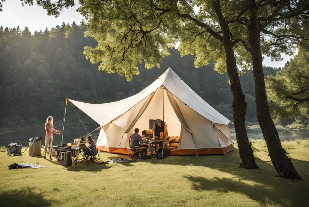 A family working together to set up a large tent at the campsite, surrounded by trees