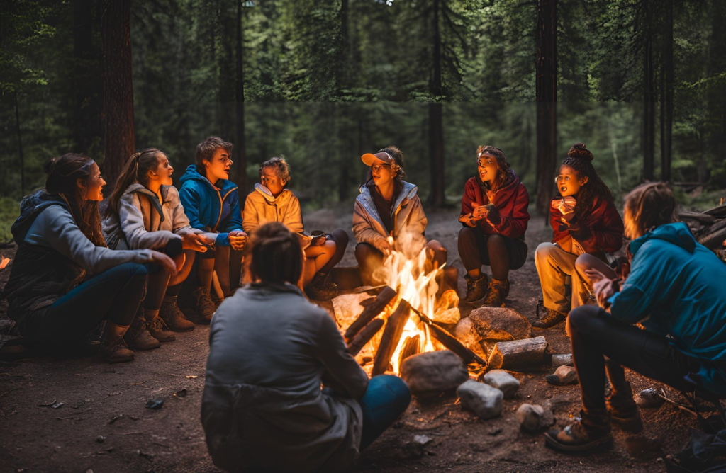 Campfire with marshmallows roasting on sticks, and campers gathered around sharing stories