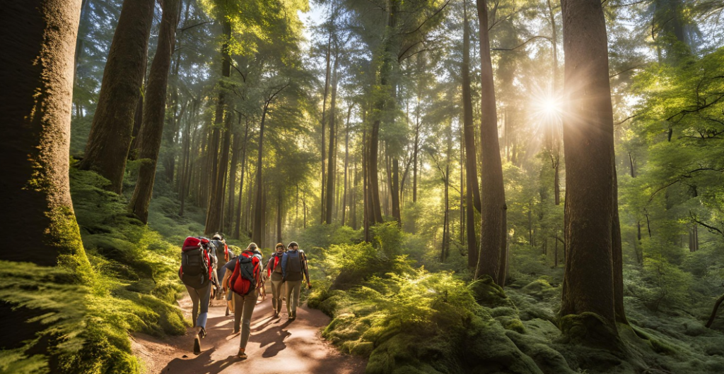 Campers hiking through the forest - active outdoor camping activity