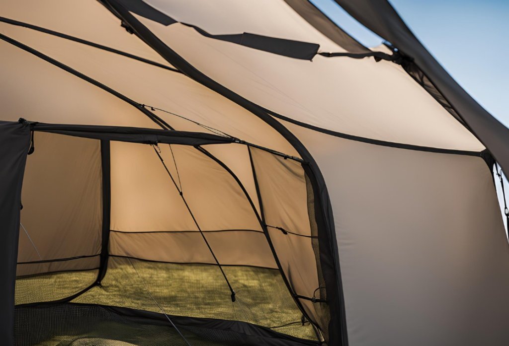 Close-up of tent ventilation systems and mesh panels