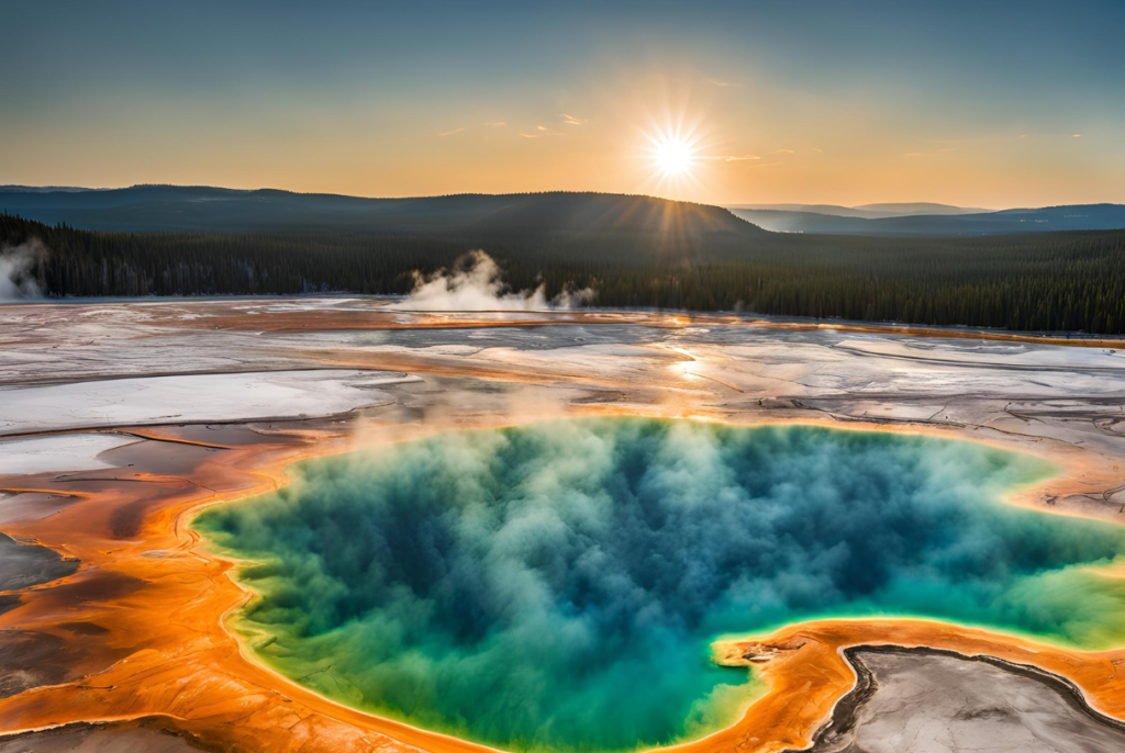 A panoramic view of Grand Prismatic Spring. 